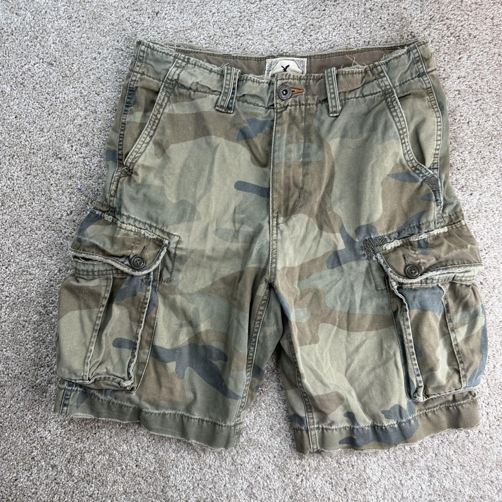 Y2K American Eagle Cargo Shorts Mens 32 Green Camo Cotton Canvas Pockets Summer